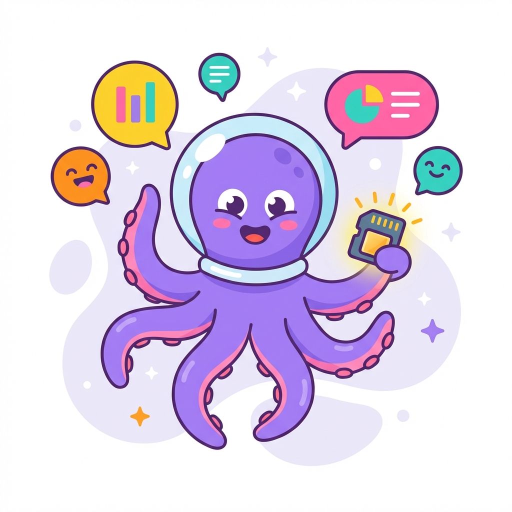Cute playful Octostore octopus mascot holding a memory chip